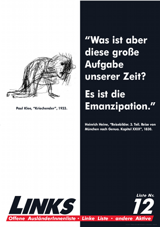 „Was ist aber diese große Aufgabe unserer Zeit? Es ist die Emanzipation“ Heinrich Heine, „Reisebilder. 3. Teil. Reise von München nach Genua. Kapitel XXIX“, 1830.