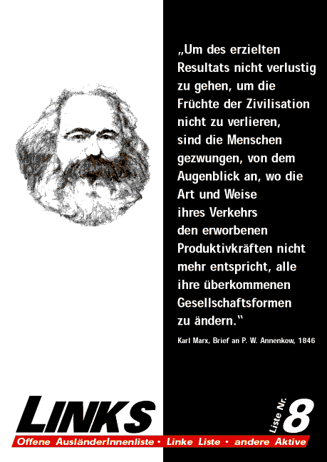 „Um des erzielten Resultats nicht verlustig zu gehen, um die Frchte der Zivilisation nicht zu verlieren,  sind die Menschen gezwungen, von dem Augenblick an, wo die Art und Weise  ihres Verkehrs  den erworbenen Produktivkrften nicht mehr entspricht, alle ihre berkommenen Gesellschaftsformen  zu ndern.“ Karl Marx, Brief an P. W. Annenkow, 1846
